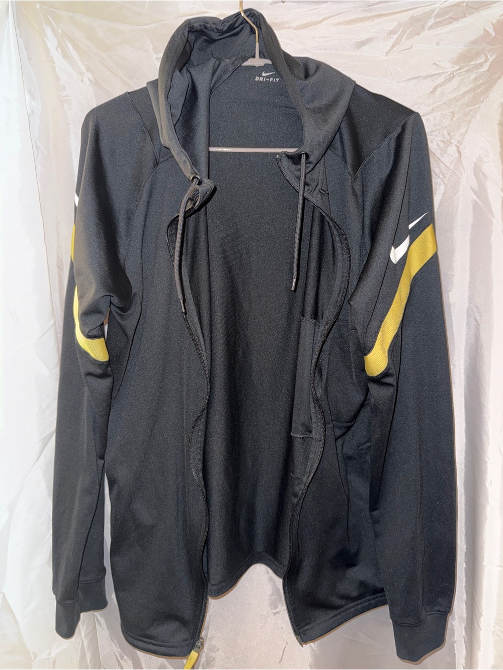 Nike Women's Black Hooded Jacket with Yellow Sleeve Stripes